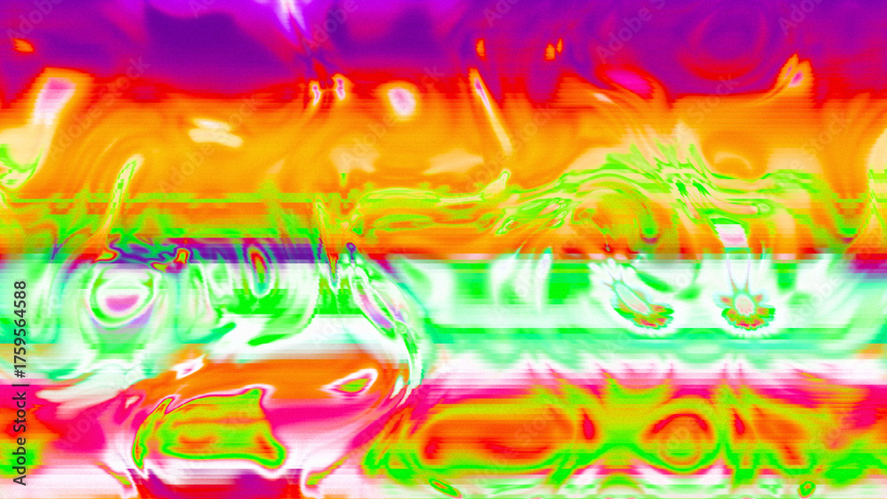 Fototapeta premium Abstract psychedelic glitch waves with neon colors, distorted digital fluid texture and VHS scanline effect
