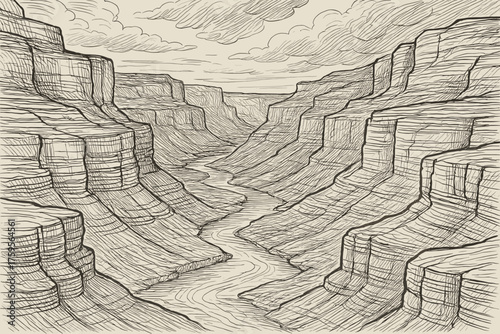 Emphasized illustration cliffs vector lines rock dramatic stacked below canyon contours