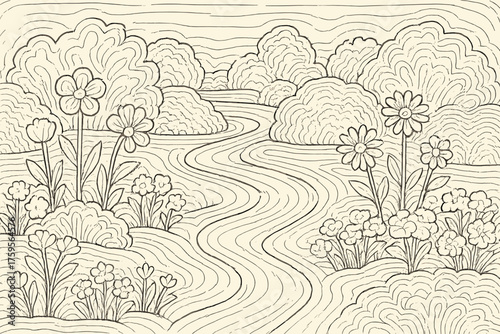 Illustration layered vector pathways every flowers outlined shape strokes bliss bushes garden
