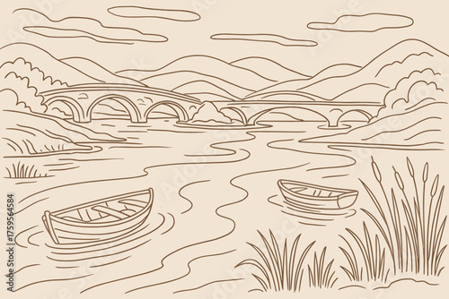 Boats all reeds hills sketch created river line vector illustration contours landscape