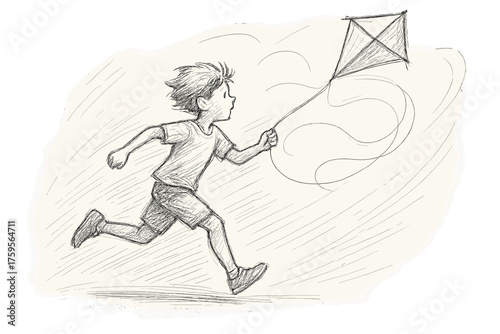 Illustration arcs running motion figure flowing kite child sketched vector elongated flying