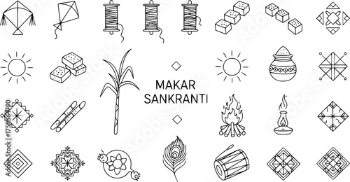 Makar Sankranti Festival Line Art Icon Set. Hand-drawn traditional elements: kites, sun, sugarcane, sweets, bonfire, pot, and cultural symbols. Holiday concept.
