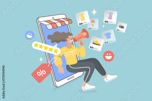An influencer promotes a mobile shop with a megaphone. This concept shows a sale, product catalog, and 5-star rating, symbolizing e-commerce marketing, customer feedback, and a great user experience.