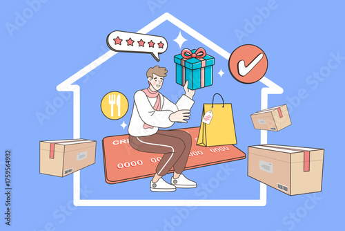 Home delivery service concept. A satisfied customer shops online, paying by credit card. The house outline, packages, and 5-star rating illustrate the ease and convenience of modern e-commerce.