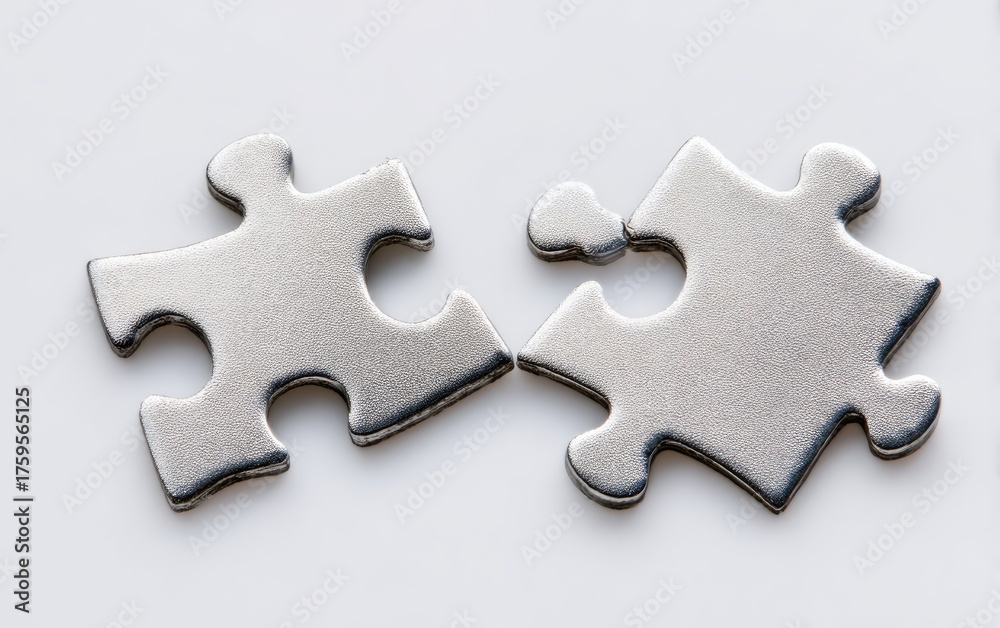 Fototapeta premium Two silver jigsaw puzzle pieces, nearly connecting, against a bright white background