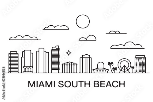 Miami South Beach Line Art skyline horizontal banner. Miami South Beach, Florida. Vector template for your design. with white background