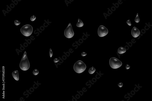 Realistic water drops. fresh aqua drips, clean dew droplets on transparent background. Clear raindrops surface texture with falling fluid.