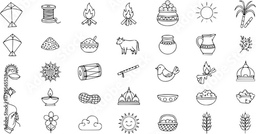Indian Harvest Festival Line Art Icons Set: Makar Sankranti, Pongal, Lohri, Bihu Doodles. Collection of Traditional Symbols like Kites, Bonfire, Sun, Sugarcane  Cultural Elements.
