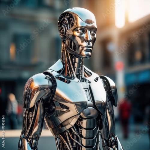 A shiny robotic figure stands on a city street, reflecting the sunset's warm light. People pass by, unaware of the advanced design before them.