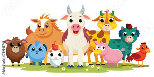 Vector art of group of cute cartoon farm animals standing on grass
