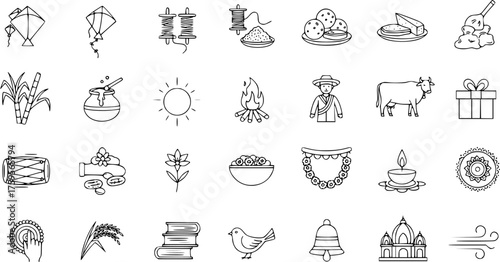 Makar Sankranti and Pongal Festival Line Art Icons Set. Traditional Indian Harvest Celebration Symbols Collection.
