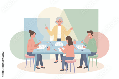 Senior instructor teaching adult students drawing Creative learning hobbies and intergenerational activity