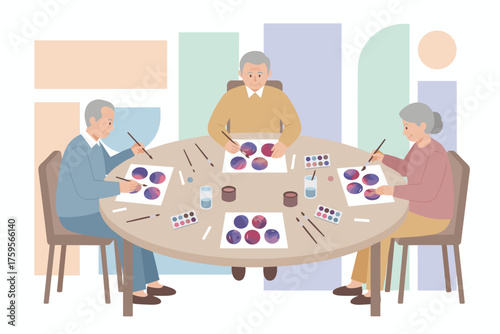 Seniors happily engage in watercolor painting enjoying a creative and relaxing hobby together
