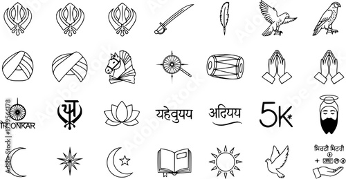 Sikhism, Indian Cultural, and Diverse Religious Symbols Set. Featuring Khanda, turbans, Ik Onkar, Gurus, Lotus, Moon, Sun, sword, falcon, book, praying hands, and text icons.