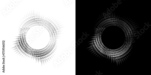 Dynamic abstract spiral sound wave rhythm lines. Circular spiral sound wave rhythm of lines. Circular futuristic abstract lines, black and white background.	