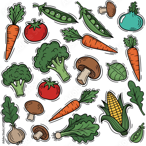 A vibrant collection of various hand-drawn vegetable doodles, including carrots, broccoli, tomatoes, and mushrooms, depicted in a colorful sticker style