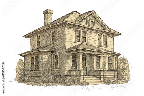 Sketch illustration using clean vector outlines architectural retro windows house walls