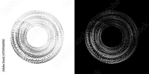 Dynamic abstract spiral sound wave rhythm lines. Circular spiral sound wave rhythm of lines. Circular futuristic abstract lines, black and white background.	