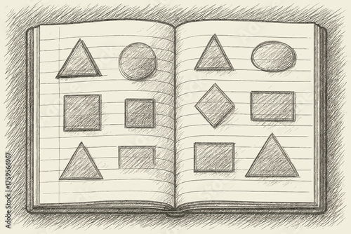 Pencil notebook illustration crosshatching sketch vector pages geometric shapes lined margins open