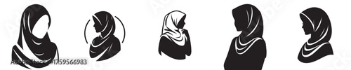 Muslim Woman Hijab Silhouette Vector, Islamic Female Portrait Illustration in Black and White Style
