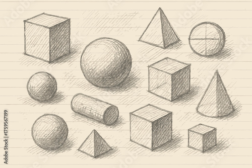 Notebook geometric illustration hatching detailed shapes graphite ruled vector sketch across