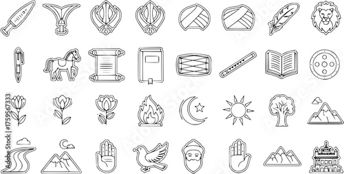 Line Art Icons Set: Diverse Cultural, Spiritual, and Historical Symbols, Objects, and Nature Elements