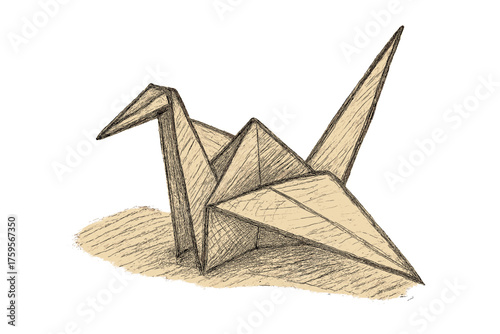 Paper uneven bent vector illustration crane sketch small crosshatched shading sketched folded