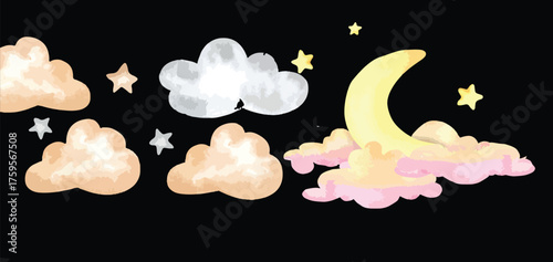 Whimsical Moon and Stars Watercolor Illustration with Clouds – Dreamy Night Sky Clipart for Nursery and Kids Decor