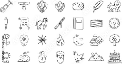 Sikhism, Nature  Cultural Elements Line Art Icons Collection: Outline Sticker Style Vector Set