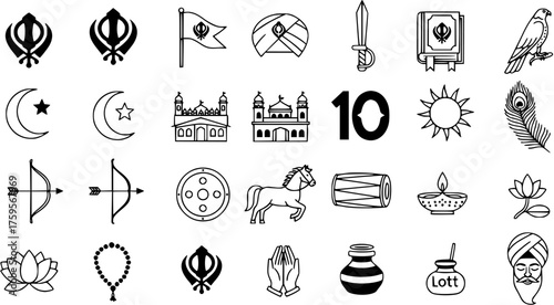 Diverse Vector Icon Set: Sikhism, Indian Culture, and Religious Symbols including Khanda, Gurdwara, Turban, Kirpan, Lotus, Diya, Moon, Star, and more.