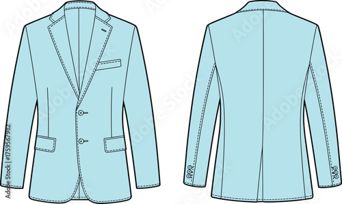Men light blue blazer front back view, tailored outerwear template, notched lapel flat sketch, fashion vector illustration, formal clothing design, cad drawing flat vector
