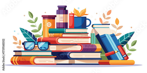 Vector art of stack of books with glasses, mug and vitamin, perfect for any design needs