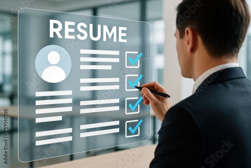 Professional man reviewing resume with digital interface and checkmarks in a modern office setting