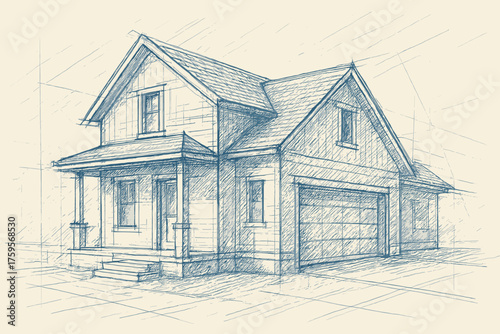 Illustration blueprint vector perspective exterior lines sketch architectural hatching house precise