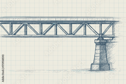 Side sketch illustration bridge parallel supports view blueprint beams structure shaded vector