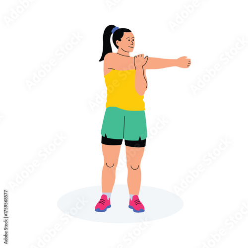 Athlete pulling one arm across the chest to stretch shoulder muscles illustration