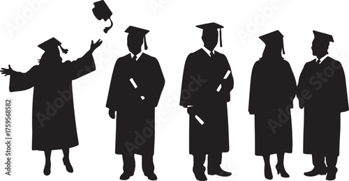 Silhouettes of diverse university and college graduates celebrating academic achievement in caps and gowns, marking a significant educational milestone, symbolizing success and new futures