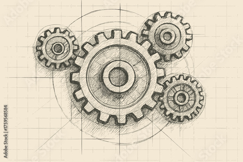 Crosshatched blueprint sketch mechanical depth illustration shading circles gear rough aligned vector
