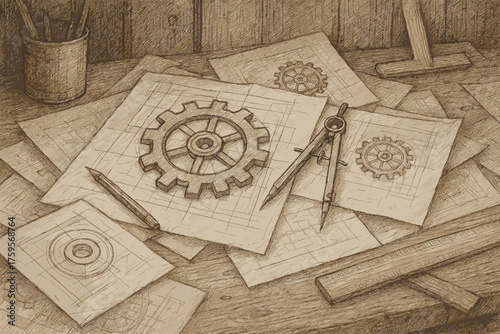 Adding blueprint workshop illustration scattered design vector compasses detail vintage old gears