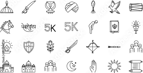 Line Art Icons: Sikh, Hindu  Islamic Religious, Cultural  Warrior Symbols