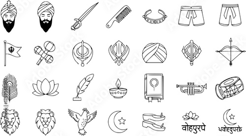 Sikhism and Punjabi Culture Icons Set. Line art illustrations of religious symbols, the Five Ks, turban, Khanda, Guru Granth Sahib, and traditional elements.