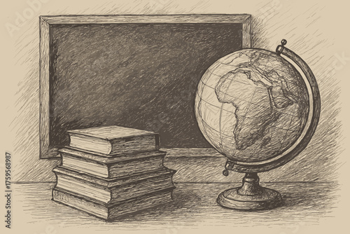 Stack academic illustration feel chalkboard beside books still life artistic vector