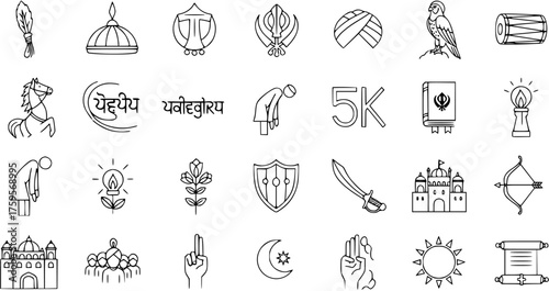 Sikhism Line Art Icons. A set of outline symbols representing Sikh religion, culture, history, and traditions, including Khanda, Gurdwara, Turban, Kirpan, and other elements.