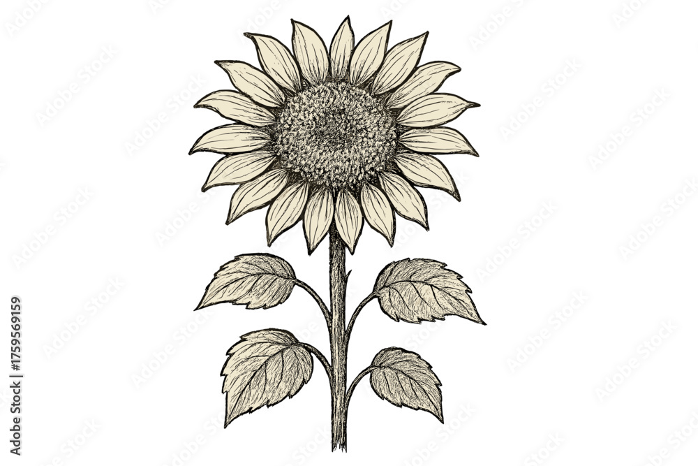 Fototapeta premium Irregular vector head illustration sketch large sunflower tall blooming texture doodle