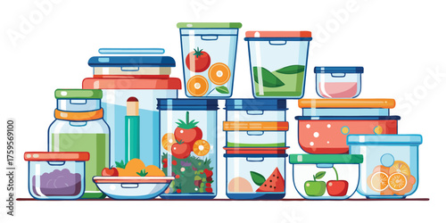 Vector art set of clear food storage containers with fresh fruits and vegetables inside it