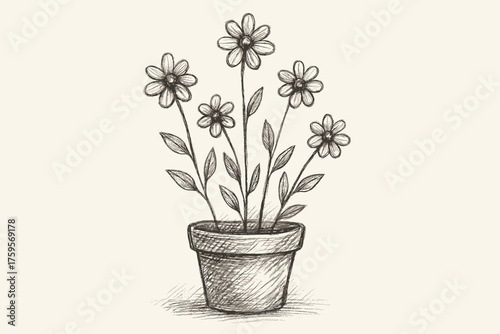Artistry vector upward shaded blooms doodleflower flowerpot blooming stems sprouting illustration sketchy