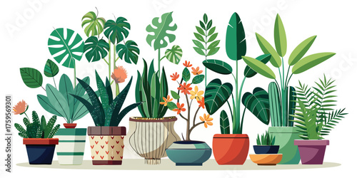 vector art set of potted tulips and other houseplants with green leaf flora are isolated objects for home decoration and gardening