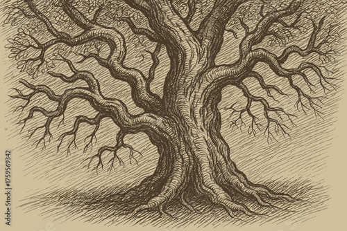 Oak depth twisted etching bark illustration textured crosshatched shading vector branches