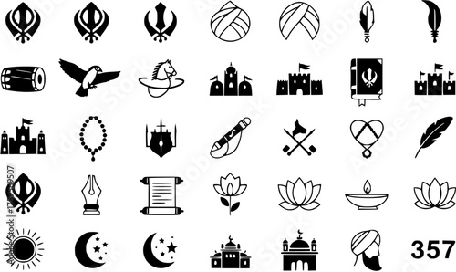 Diverse religious and cultural symbols vector icon set including Sikh Khanda, Islamic Mosque, Hindu Lotus, and spiritual elements.