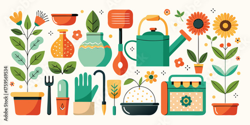 Vector illustration art set of gardening tools and plants in mint and orange tone perfect for any kind of design and decoration